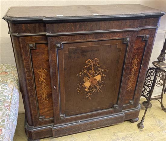 A 19th century French marquetry inlaid amboyna breakfront side cabinet, width 114cm, depth 40cm, height 114cm